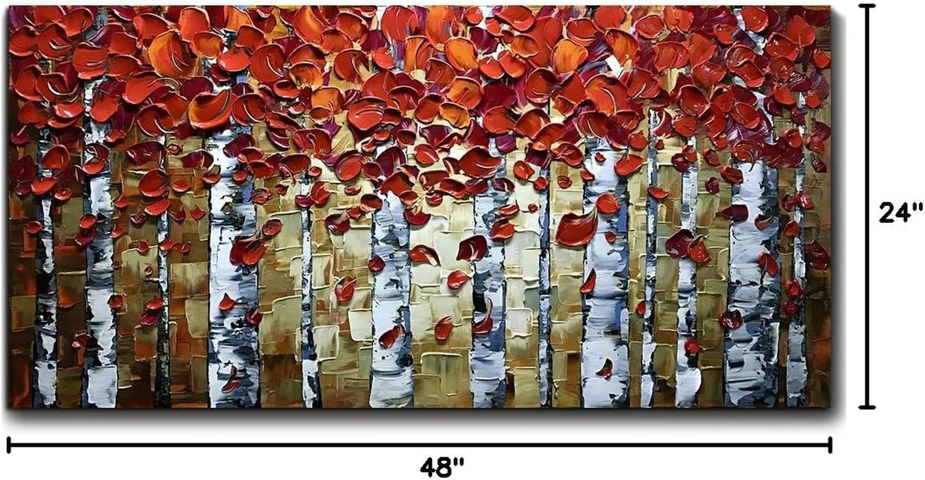 Art, 24X48 Inch Paintings Oil Abstract Red Birch Trees Wall Art Contemporary 3D Hand-Painted on Canvas Artwork Art Wood inside Framed Hanging Living Room Bedroom Wall Decoration