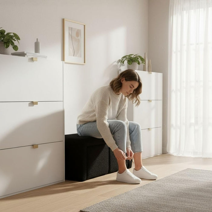 Modern Boucle Bench Black Sherpa Ottoman Bench for Entryway, Bedroom End of Bed, Set of 3 Small Sofa Footrest Extra Seating for Living Room, 20+50 Inch Bench