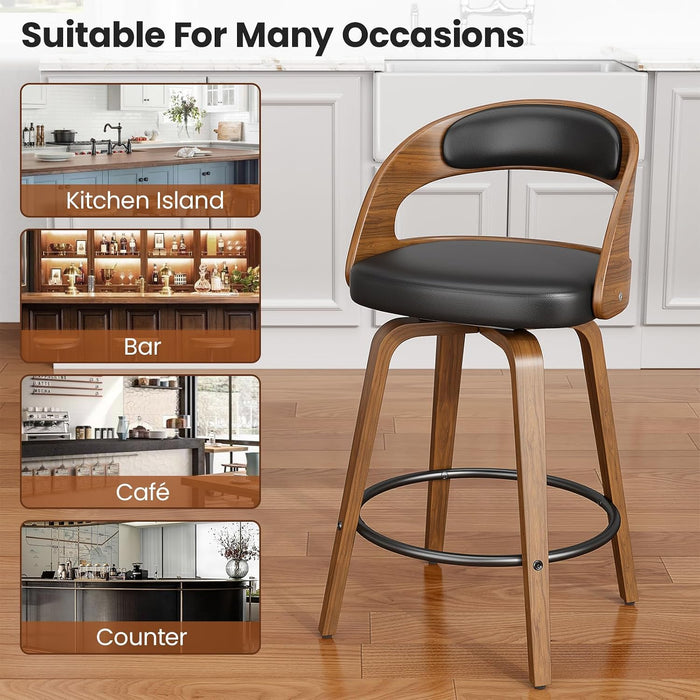 Swivel Bar Stools Set of 2, 26" Counter Height Bentwood Barstool | Mid-Century Modern PU Leather Upholstered Bar Chair with Back and Footrest, for Kitchen Island, Bar, Dining Room, Cafe, Black