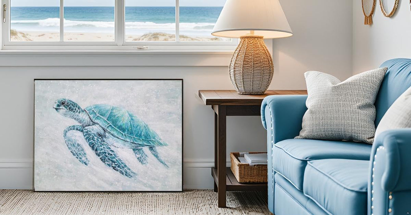 Sea Turtle Canvas Wall Art - Modern Hand Painted Teal Ocean Animal Artwork