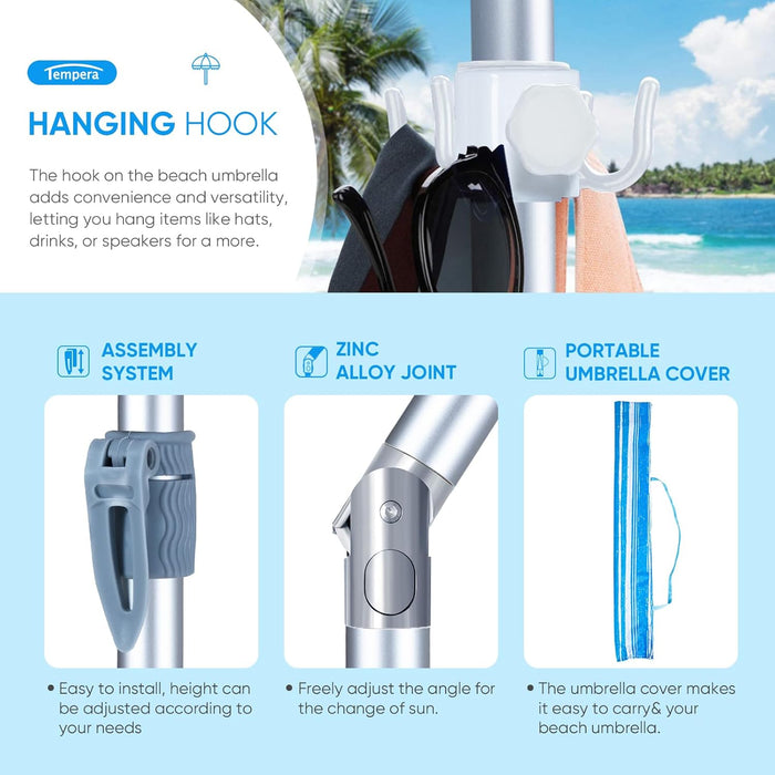 Heavy Duty High Wind Beach Umbrella with Sand Anchor & Carry Bag|Patio Outdoor Umbrella with Aluminum Frame and Push Button Tilt, Ideal for Travel Garden Lawn, UPF 60+