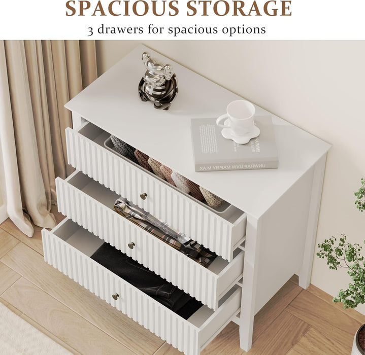 White Fluted 3 Drawer Dresser, 32 Inch Wide Dresser Nightstand for Bedroom, Modern Wood Chest of Drawers, Large Painted Nightstand with 3 Drawers for Closet, Hallway, Entryway