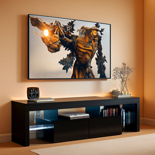 Black TV Stand, 60 65 70 75 Inch Wood TV Stand, High Glossy Entertainment Center with Large Drawers＆Glass Display Shelf, LED Modern Media Gaming Cabinet TV Console for Livingroom, Bedroom