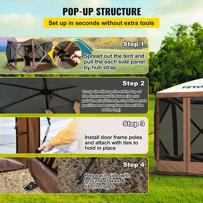 Pop up Gazebo Screen Tent 12 X 12 Ft, 6-Sided Camping Gazebo Instant Canopy Sun Shelter with 6 Removable Privacy Wind Cloths, Mosquito Netting, 300D Oxford Cloth for Patio, Backyard, Lawn