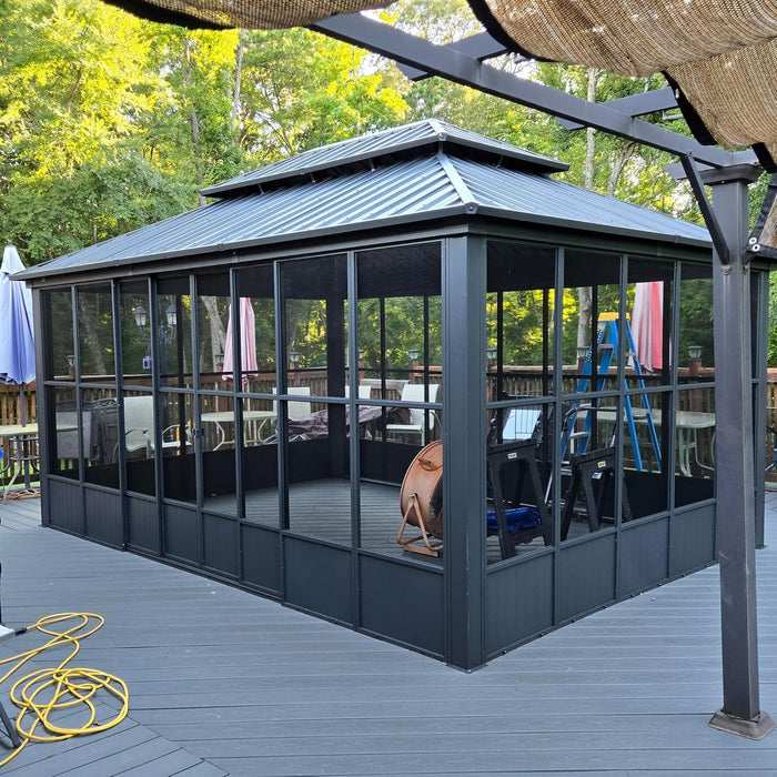 12' X 16' Solarium Sunroom Permanent Hardtop Gazebo Galvanized Steel Double Roof Aluminum Outdoor Screen House for Lawn Deck Backyard Grey