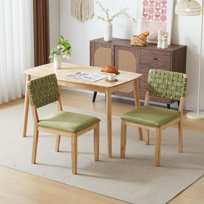 Sage Green Woven Wooden Dining Chairs Set of 4,Armless Mid Century Modern Desk Chairs with Rivet&Foot Pegs,Upholstered Farmhouse Comfy Chair No Wheels for Dining Room,Living Room,Oak,Suede