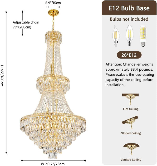 26-Light Large High Ceiling Chandelier, Gold Modern Crystal Chandeliers Luxury Foyer Entrance Chandeliers for Staircase Villa Lobby Hallway Entryway, K9 Crystal Raindrop Light Fixture H63” X W31”