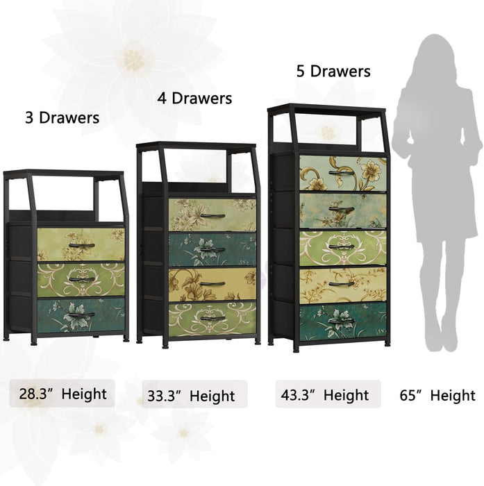 Retro 5 Drawers Dresser, Tall Dressers for Bedroom, Closet, Hallway, Nursery, Fabric Storage Tower Organizer, Vertical Nightstand Side Table Furniture, Steel Frame, Wood Top