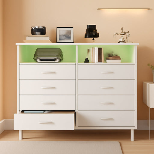 Dresser for Bedroom White Bedroom Dresser with LED Lights and Charging Station, 8 Long Fabric Drawers Dresser, Tall Wide Chest of Drawers Storage Organizer TV Stand for up to 60" TV for Living Room