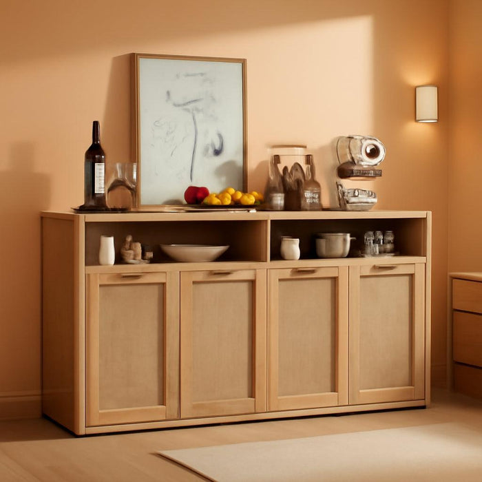 Rattan Sideboard Buffet Cabinet,55" Coffee Bar Cabinet with 4 Doors & Open Storage Shelf,Modern Credenza Console Table for Living Room Rattan Farmhouse Entryway Natural