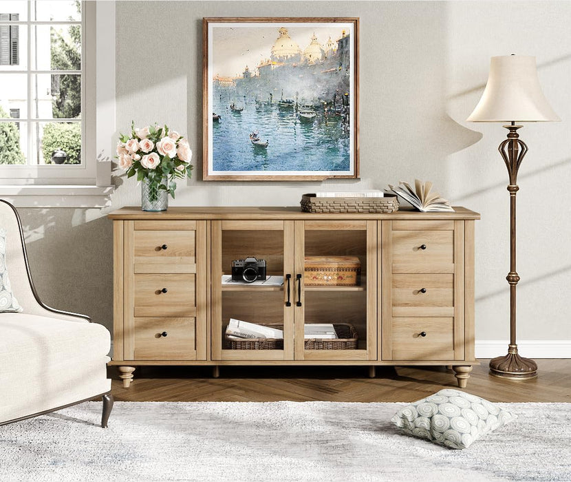 Farmhouse Buffet Cabinet with Glass Door, Wooden Sideboard, Oak, 58” | Wood Kitchen Storage Cabinet with Adjustable Shelf, Coffee Bar Table with Solid Wood Leg, Accent Cabinet for Dining Room