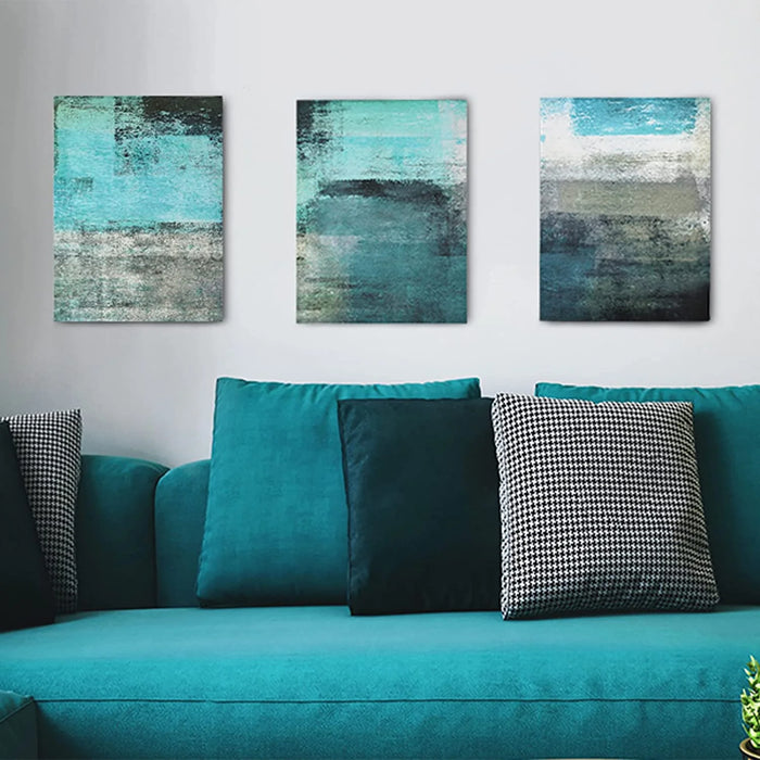 Modern Abstract Wall Art Decor - Turquoise and Grey Teal Canvas Painting, 3-Piece Set of 12"X16" - Ideal for Living Room, Bedroom, Kitchen, Office, and Bathroom Decoration