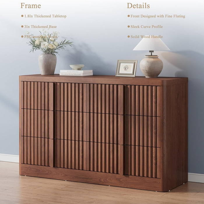 Walnut Dresser for Bedroom, 47" Wide 6 Drawer Dresser, Modern Chest of Drawers with Solid Wood Handle, Curved Profile Design, Wood Dresser Storage Organizer, Living Room, Hallway
