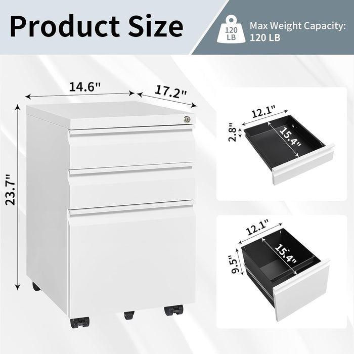 White Rolling File Cabinet with Lock