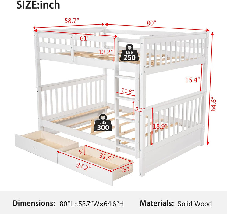 Wood Bunk Bed with Drawers,Convertible Bunk Bed with Ladders and Two Storage Drawers,Solid Wood Detachable Bed Frame with Ladders,Full over Full,White