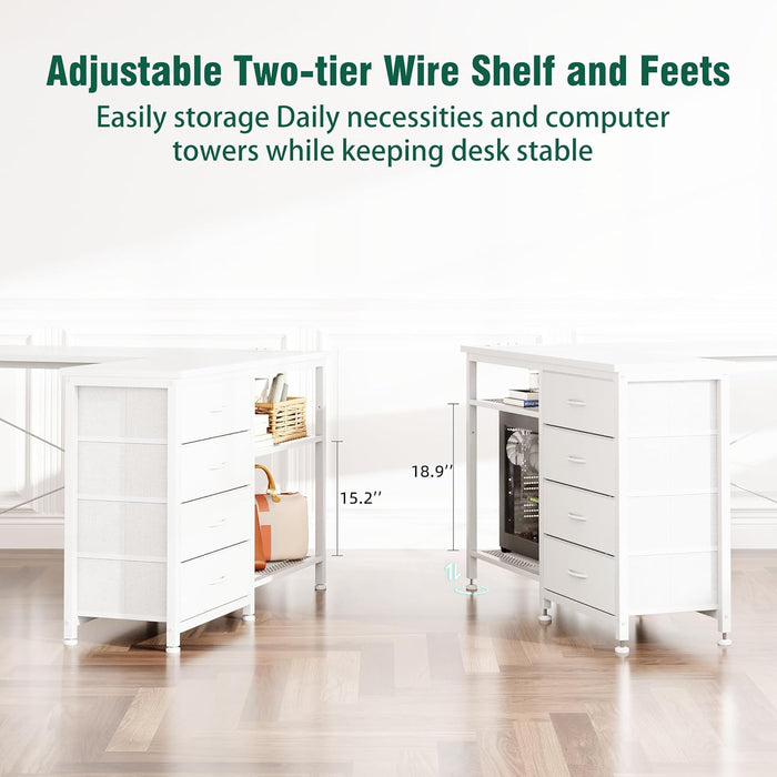 2 Person Desk & L Shaped Desk, 76.4'' Home Office Desk with 4 Drawers & Outlet, Corner Computer Desk with Metal Wire Shelf, Adjustable Drawer Orientation & Desk Shape for All Space, Brown
