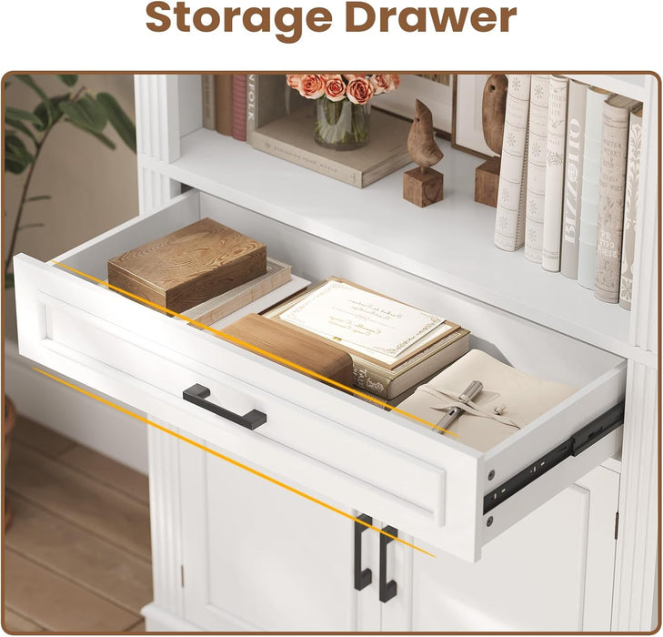 Farmhouse Bookshelves and Bookcases with Doors and Drawer, Bookshelf with Storage, Floor Standing 6 Shelf Display Storage Shelves 70 in Tall Bookshelf for Home Office, Living Room, White