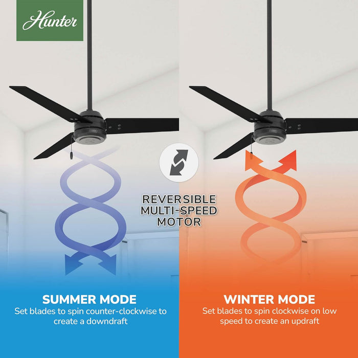 52 Inch Outdoor or Indoor Ceiling Fan No Light - Black Ceiling Fan without Light, for Patio, Porch, Garage, or Living Room, Standard Mount, 3 Blades, Pull Chain - Cassius 59264, Matte Black