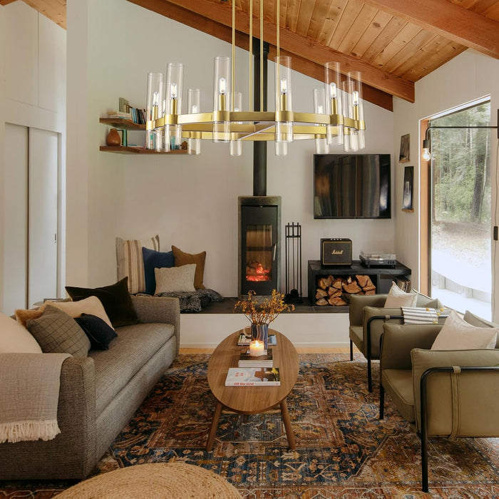 12 Light Brass round Chandelier 36" Wagon Wheel Chandeliers for Dining Room Light Fixture Clear Glass Tube Chandelier Modern Farmhouse Chandeliers for Livingroom Foyer, Bulb Included