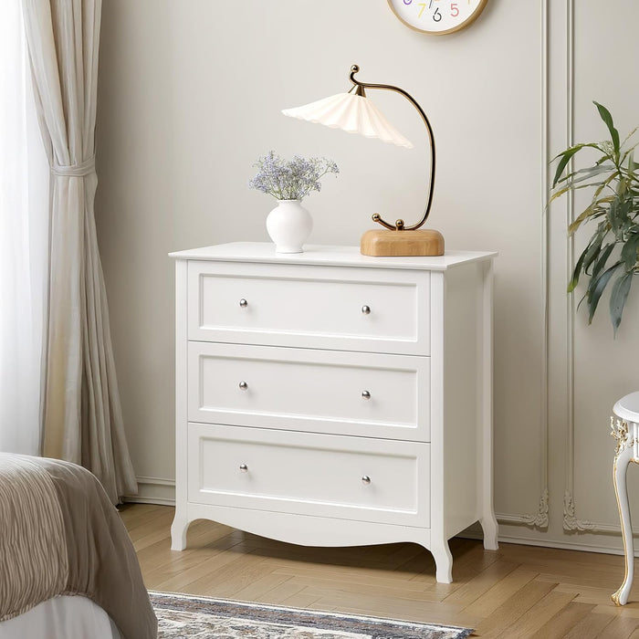 White Dresser 3 Drawer Chest of Drawers for Bedroom, Painted Wood Dresser with Large Drawers and Curved Legs, 31.5" W Large Nightstand, 31.5" W*15.75" D*31.5" H