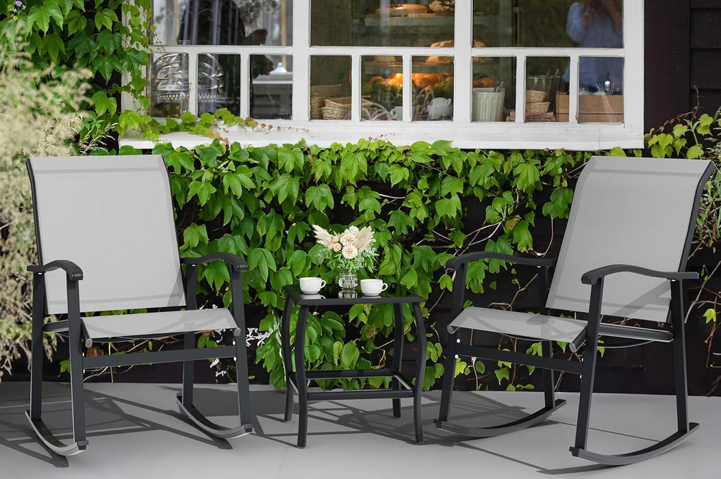 3 Piece Outdoor Rocking Bistro Set, Textilene Fabric Small Patio Furniture Set, Front Porch Rocker Chairs Conversation Set with Glass Table for Lawn, Garden, Balcony, Poolside (Light Gray)