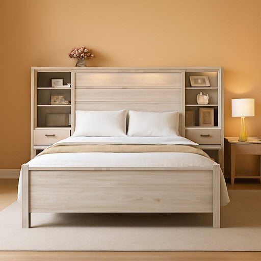 King Bed Frame with Bookcase Headboard & 4-Tier Bedside Shelf, Farmhouse Platform Bed with Charging Station and 2 Drawers, Noise-Free