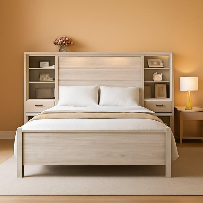 King Bed Frame with Bookcase Headboard & 4-Tier Bedside Shelf, Farmhouse Platform Bed with Charging Station and 2 Drawers, Noise-Free