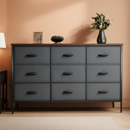 9 Drawer Dresser, 47 Inch Dresser TV Stand for 50, 55 Inch TV, Entertainment Center with Drawers, Fabric Dresser Chest of Drawer for Bedroom, Closet, Dark Grey