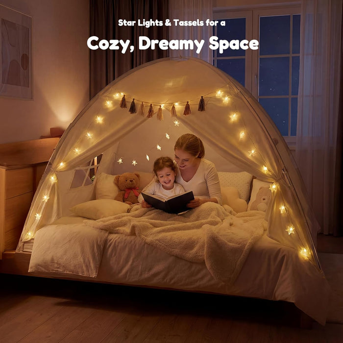 Twin Bed Tent for Kids, Indoor Privacy Toddler Sleeping Canopy with Mesh Window, Fits Bunk or Floor Bed, Include Star Lights & Tassels, Cozy Playhouse for Boys Girls Birthday