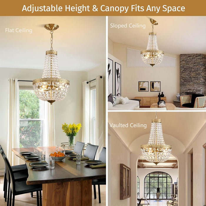 Mini French Empire Crystal Chandelier 4 Lights Pendant Lighting Fixture for Dining Living Room Foyer Kitchen Bedroom Entryway,Antique Brass,E12,19.7" Hx12.6 W