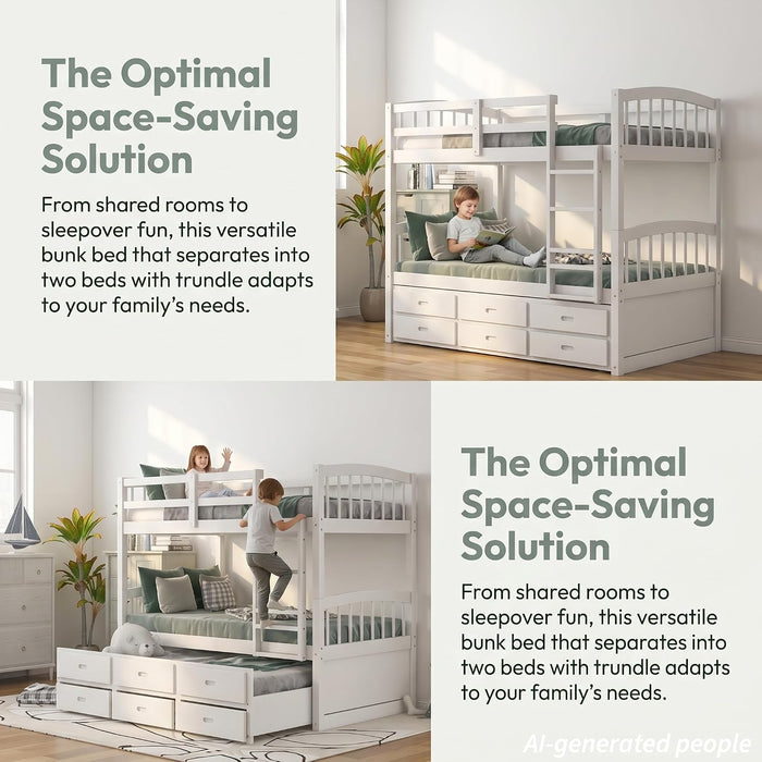 Harper&Bright Designs Twin over Twin Bunk Bed with Safety Rail, Ladder, White Twin Trundle Bed with 3 Drawers for Kids, Teens Bedroom, Guest Room Furniture