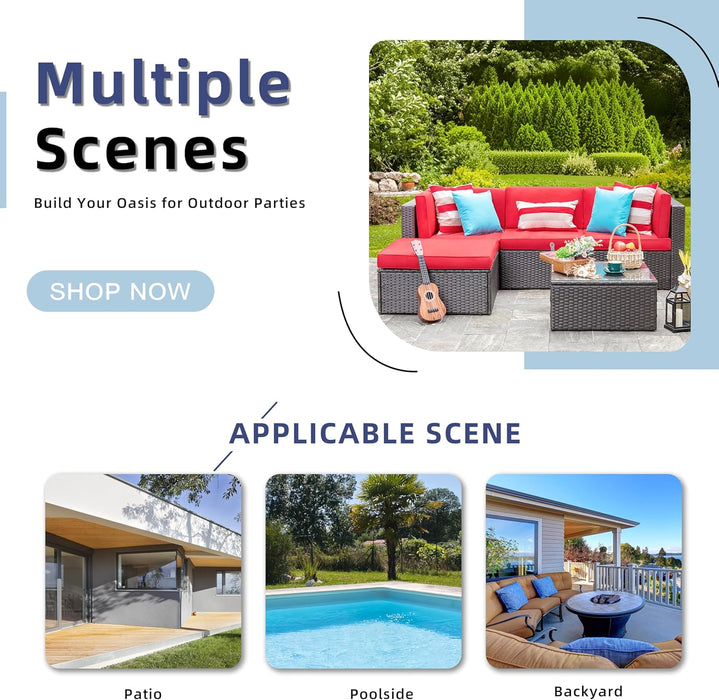 5 Piece Furniture, Small All-Weather Brown PE Wicker Outdoor Couch Sectional Patio Conversation Set Garden Patio Sofa W/Ottoman, Glass Table, Red