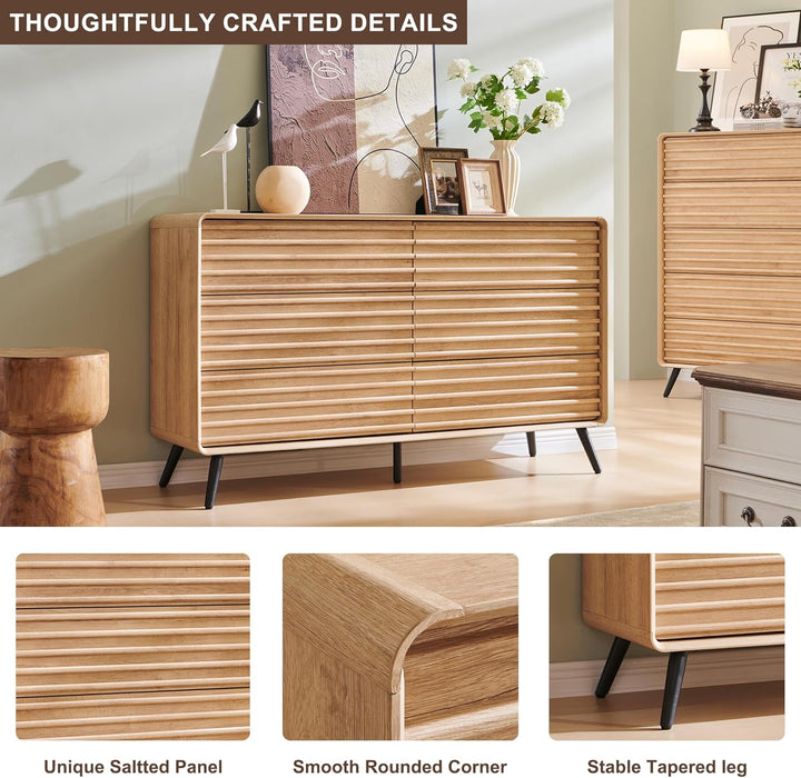 54 Inch Dresser Fluted NaturalOak SolidWood Drawers