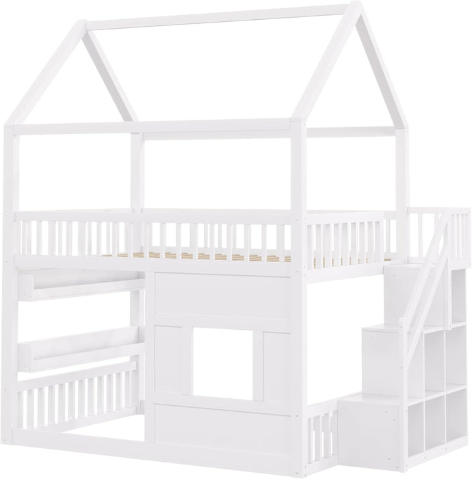 White FullSize House Loft Bed WithUnderbed Storage