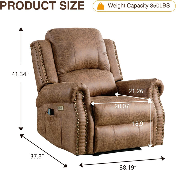 Power Recliner Chair with Massage and Heat, Faux Leather Electric Recliner Chair, Classic Single Sofa with Rivet Decoration for Living Room, Nut Brown