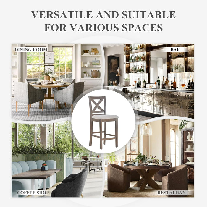 Upholstered Counter Height Bar Stools Set of 4, Modern Kitchen Island Barstools Chairs with Cross Back and Wood Legs for Dining Room Bar, Light Brown Wash