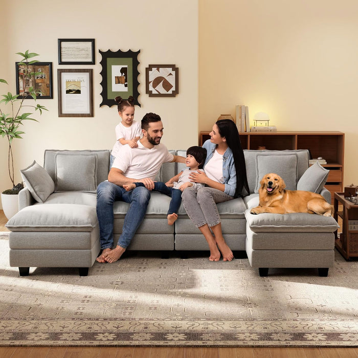 106-Inch U-Shaped Modular Sectional Sofa with Ottoman, Grey Chenille