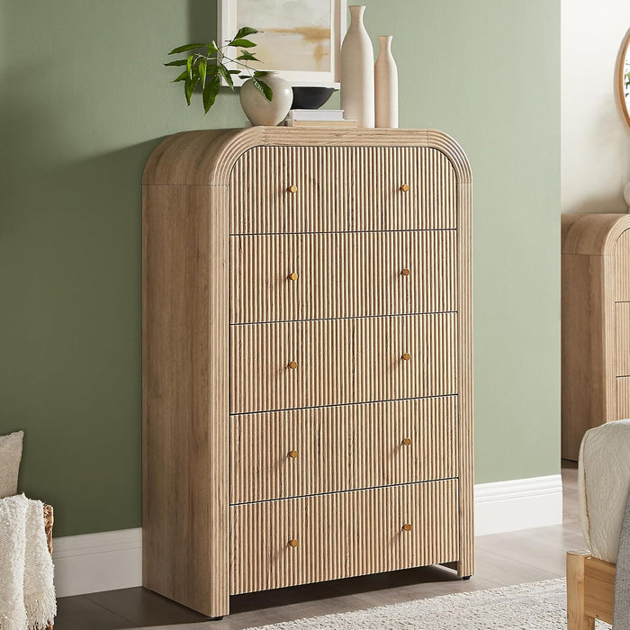 48" Tall Fluted 5 Drawers Dresser for Bedroom with Rounded Curved