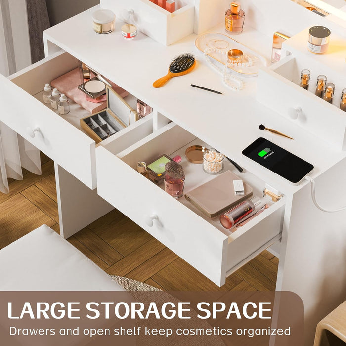 Vanity Desk with LED Mirror and 3 Light Modes, Makeup Vanity Table with Power Outlet, 4 Drawers and Hidden Storage Chair for Bedroom, White