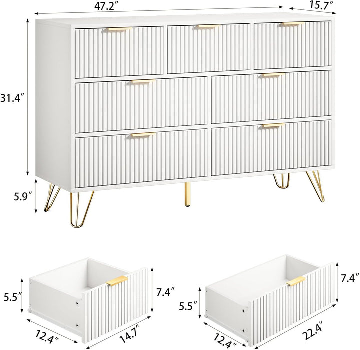White Dresser 47InchWide FlutedDrawersWithGoldPulls