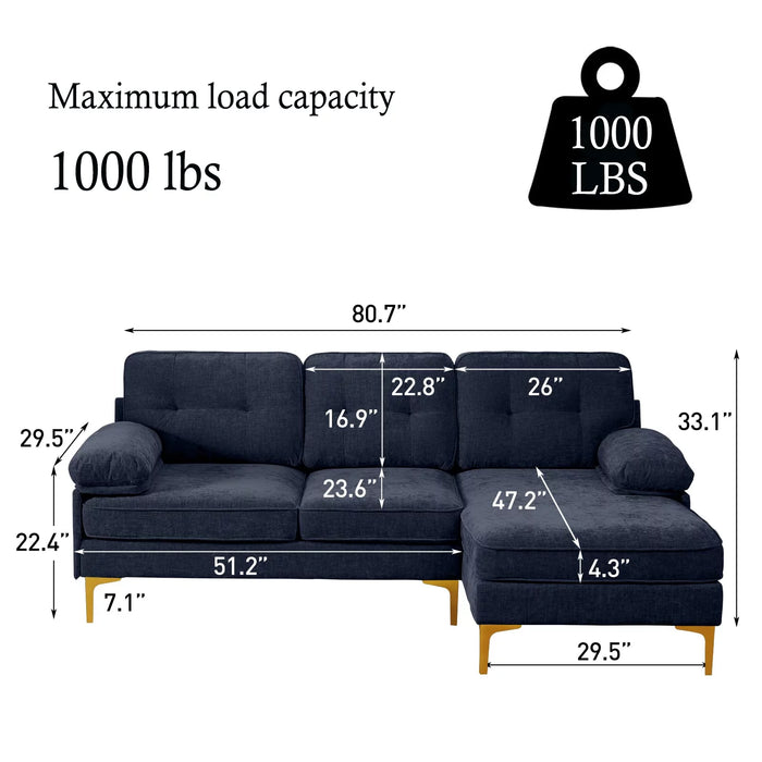 Convertible Sectional Sofa Couch, L-Shaped Couch with Reversible Chaise Lounge, Chenille Fabric Modern Sofa for Living Room, Apartment, Office, 3 Seats, Dark Blue