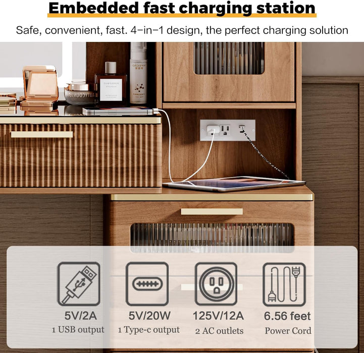 Vanity Desk with 29.53" HD Lighted Mirror, 47.24" Big Modern Vanity Desk with Mirror and Lights, Makeup Vanity with 5 Drawers and Storage Shelves and Charging Station,Brown