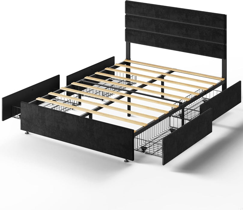 Full Size Upholstered Bed Frame with 4 Storage Drawers and Headboard, Velvet Platform Bedframe, Sturdy Metal & Wooden Slats Support, No Box Spring Needed, Easy Assembly, Black