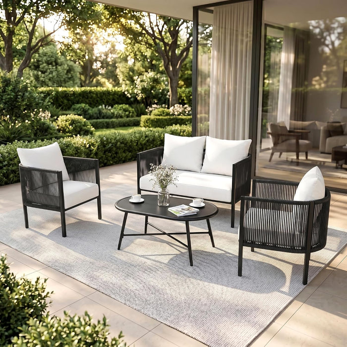 4 Piece Patio Furniture Set, Rattan Side Arm & Back, Semicircular Design