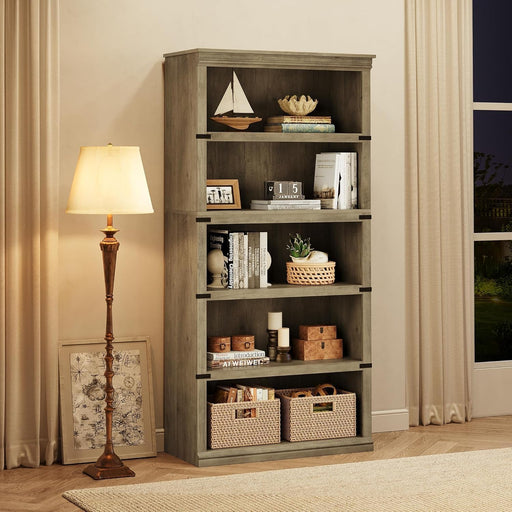 5 Tier Book Shelf, Farmhouse Book Case, 67.4 in Tall Shelf with Storage, Wooden Bookshelves for Living Room, Home Office-Grey
