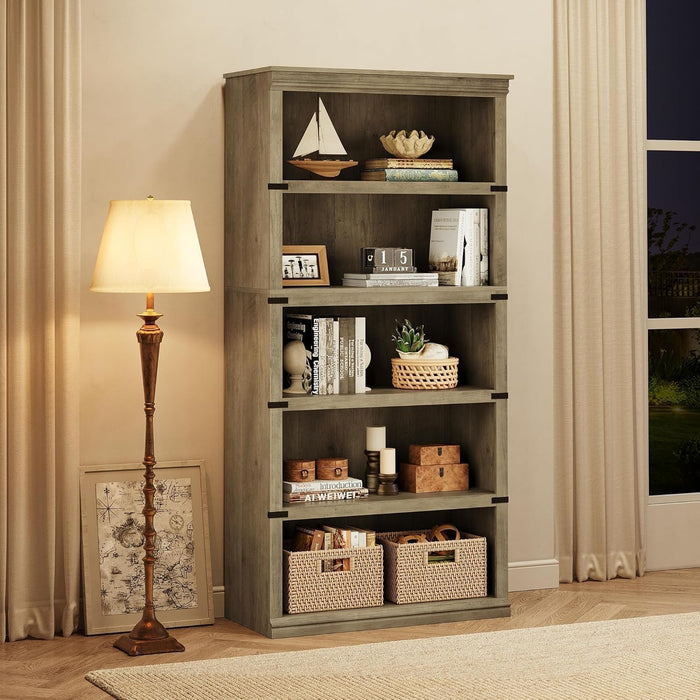 5 Tier Book Shelf, Farmhouse Book Case, 67.4 in Tall Shelf with Storage, Wooden Bookshelves for Living Room, Home Office-Grey