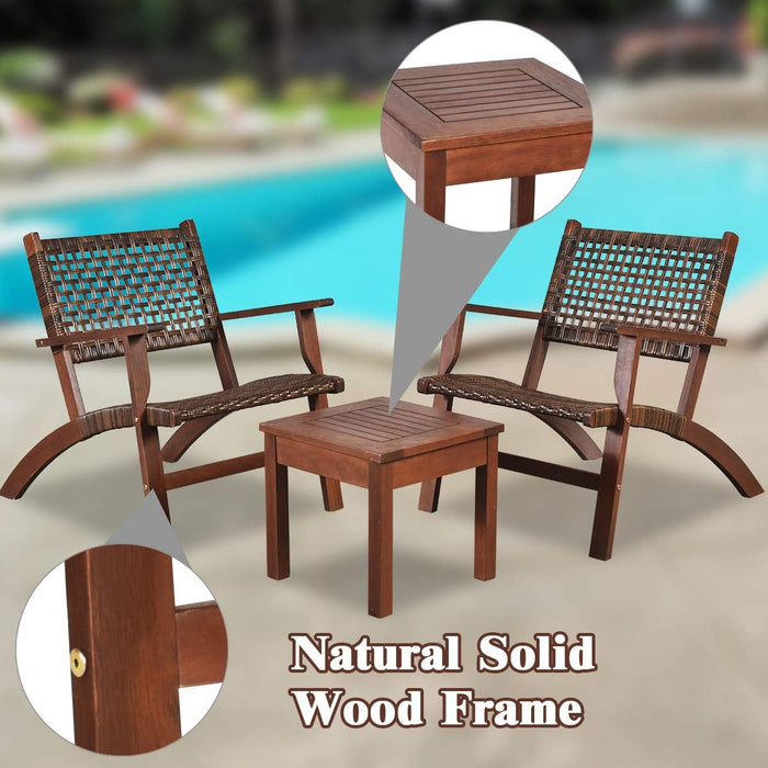 3 PCS Patio Conversation Set, Solid Eucalyptus Wood Frame Outdoor Wicker Furniture Set Bistro Set with Coffee Table, Rattan Furniture Set for Backyard Porch Garden Poolside Balcony (Brown)