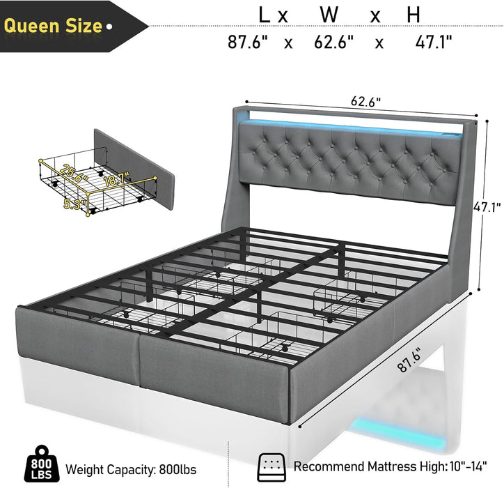Queen Bed Frame with Storage Headboard and 4 Drawer, Metal Platform Bed Frame Queen Size with LED Light, Charging Station, No Box Spring Needed, Noise Free, Easy Assembly, Grey