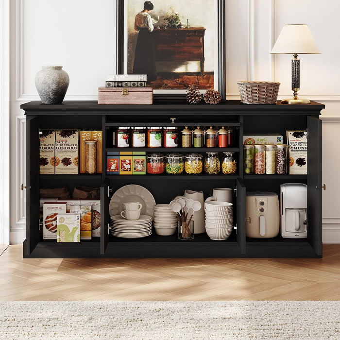 63" Large Buffet Cabinet with Storage, Farmhouse Sideboard Cabinet with Grooved Barn Doors, Wood Rustic Kitchen Buffet Table Coffee Bar Storage Cabinet for Kitchen, Living Room (Black)