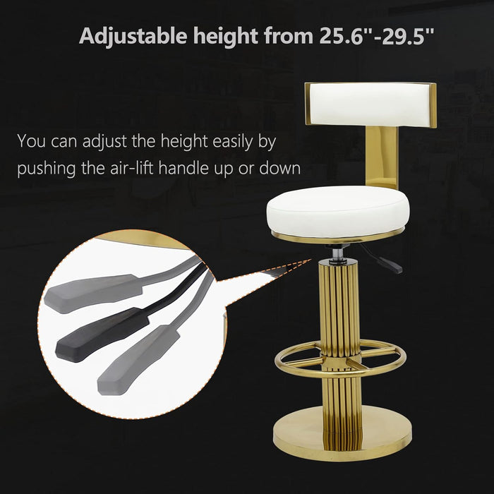 Counter Height Bar Stools with Back, Modern Adjustable Height Barstools Swivel Bar Chairs with Polished Gold Stainless Steel Legs and Comfortable Cushion for Kitchen Island Counter (White)